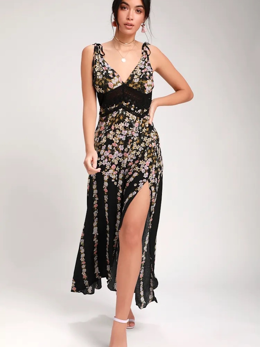 Free People Claire Black Floral Print Tie-Strap Maxi Dress Size Medium